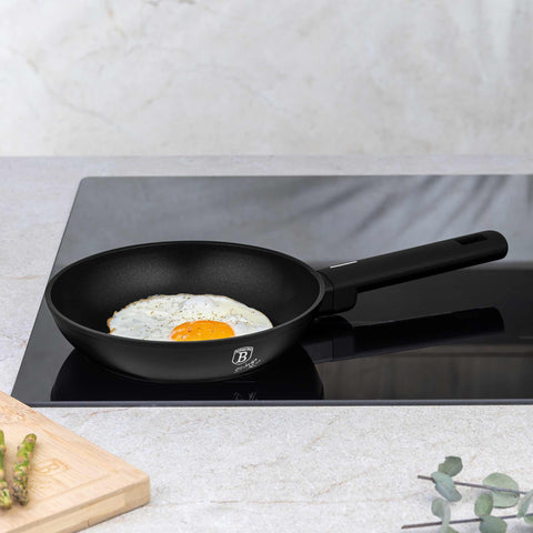 Product image of Frypan 20cm. Part of the Matte Black Collection . Features: • Material: forged aluminum with non-stick titanPro coating • Frypan Ø20*4,5 cm 1,0L • Color: black- silver. (Studio view). Official Berlinger Haus product, boosted by Promintra sl.