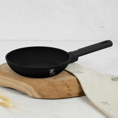 Product image of Frypan 20cm. Part of the Matte Black Collection . Features: • Material: forged aluminum with non-stick titanPro coating • Frypan Ø20*4,5 cm 1,0L • Color: black- silver. (Studio view). Official Berlinger Haus product, boosted by Promintra sl.