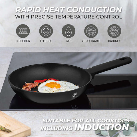 Product image of Frypan 24cm. Part of the Matte Black Collection . Features: • Material: forged aluminum with non-stick titanPro coating • Frypan Ø24*4,8 cm 1,7L • Color: black- silver. (Studio view). Official Berlinger Haus product, boosted by Promintra sl.