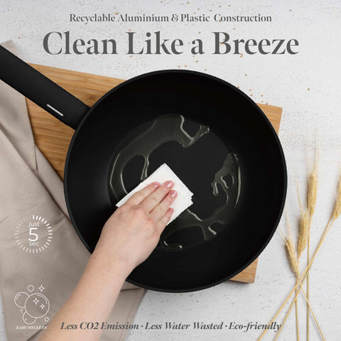 Product image of Wok 28cm. Part of the Matte Black Collection . Features: • Material: forged aluminum with non-stick titanPro coating • Wok Ø28*7,8 cm 3,1L • Color: black- silver. (Studio view). Official Berlinger Haus product, boosted by Promintra sl.