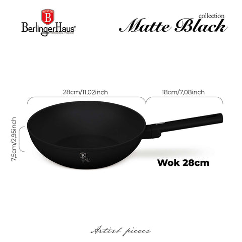 Product image of Wok 28cm. Part of the Matte Black Collection . Features: • Material: forged aluminum with non-stick titanPro coating • Wok Ø28*7,8 cm 3,1L • Color: black- silver. (Studio view). Official Berlinger Haus product, boosted by Promintra sl.