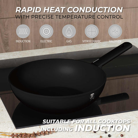 Product image of Wok 28cm. Part of the Matte Black Collection . Features: • Material: forged aluminum with non-stick titanPro coating • Wok Ø28*7,8 cm 3,1L • Color: black- silver. (Studio view). Official Berlinger Haus product, boosted by Promintra sl.