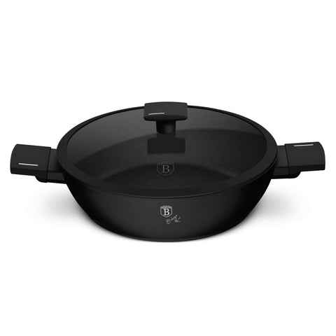 Product image of Shallow pot with lid 28cm. Part of the Matte Black Collection . Features: • Material: forged aluminum with non-stick titanPro coating • Shallow pot with lid Ø28*7,5 cm 3,8L • Color: black- silver. (Studio view). Official Berlinger Haus product, boosted by Promintra sl.