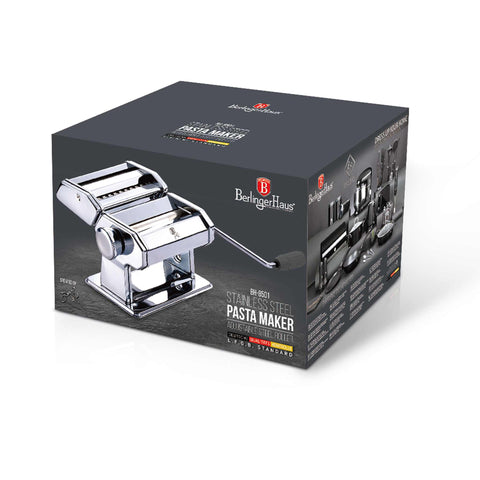 Product image of Pasta maker. Part of the Black Vantage Collection/Matte Black Collection/Black Silver Collection/Eternal Collection . Features: • Material: stainless steel • Width: 145 mm • Blades: 1 mm and 6 mm. (Studio view). Official Berlinger Haus product, boosted by Promintra sl.
