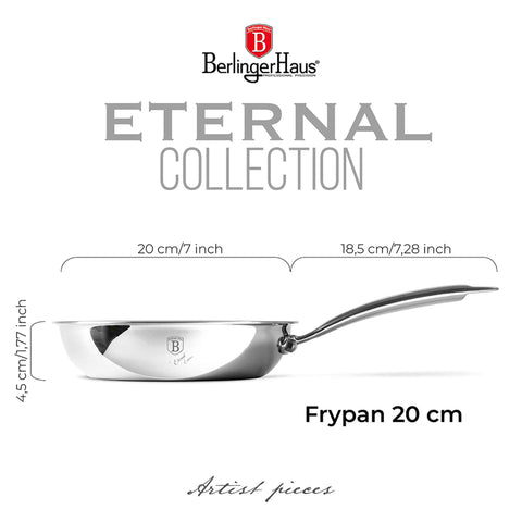 Product image of Frypan 20cm. Part of the Eternal Collection . Features: • Material: stainless steel with laser-cut surface • Size: 20*4,5 cm 1,0L REGISTERED DESIGN BY BERLINGER HAUS!. (Studio view). Official Berlinger Haus product, boosted by Promintra sl.