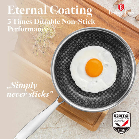 Product image of Frypan 20cm. Part of the Eternal Collection . Features: • Material: stainless steel with laser-cut surface • Size: 20*4,5 cm 1,0L REGISTERED DESIGN BY BERLINGER HAUS!. (Studio view). Official Berlinger Haus product, boosted by Promintra sl.
