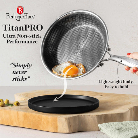 Product image of Frypan 20cm. Part of the Eternal Collection . Features: • Material: stainless steel with laser-cut surface • Size: 20*4,5 cm 1,0L REGISTERED DESIGN BY BERLINGER HAUS!. (Studio view). Official Berlinger Haus product, boosted by Promintra sl.