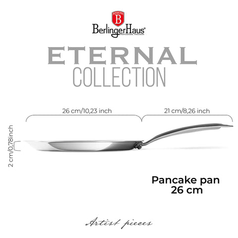 Product image of Pancake pan 26cm. Part of the Eternal Collection . Features: • Material: stainless steel with laser-cut surface • Size: 26*2 cm REGISTERED DESIGN BY BERLINGER HAUS!. (Studio view). Official Berlinger Haus product, boosted by Promintra sl.