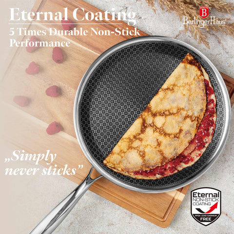 Product image of Pancake pan 26cm. Part of the Eternal Collection . Features: • Material: stainless steel with laser-cut surface • Size: 26*2 cm REGISTERED DESIGN BY BERLINGER HAUS!. (Studio view). Official Berlinger Haus product, boosted by Promintra sl.