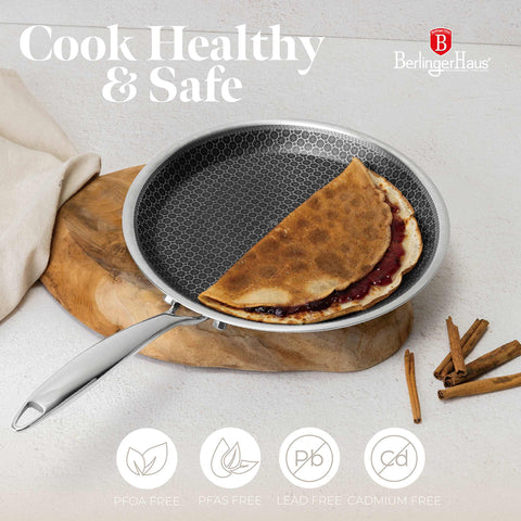 Product image of Pancake pan 26cm. Part of the Eternal Collection . Features: • Material: stainless steel with laser-cut surface • Size: 26*2 cm REGISTERED DESIGN BY BERLINGER HAUS!. (Studio view). Official Berlinger Haus product, boosted by Promintra sl.