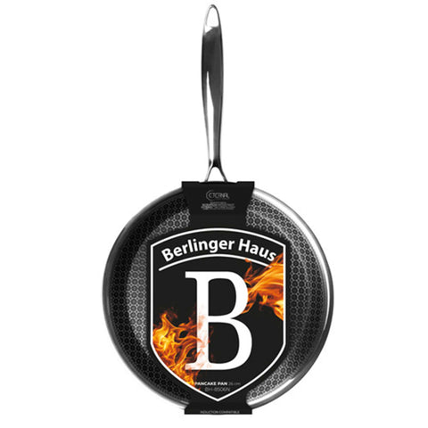 Product image of Pancake pan 26cm. Part of the Eternal Collection . Features: • Material: stainless steel with laser-cut surface • Size: 26*2 cm REGISTERED DESIGN BY BERLINGER HAUS!. (Studio view). Official Berlinger Haus product, boosted by Promintra sl.