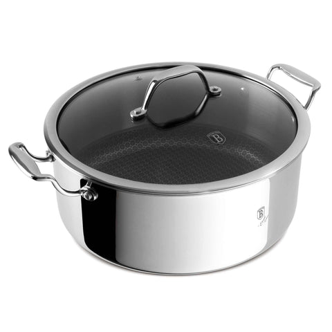 Product image of Casserole with lid 28cm. Part of the Eternal Collection . Features: • Material: stainless steel with laser-cut surface • Size: 28*12 cm 6,1L REGISTERED DESIGN BY BERLINGER HAUS!. (Studio view). Official Berlinger Haus product, boosted by Promintra sl.