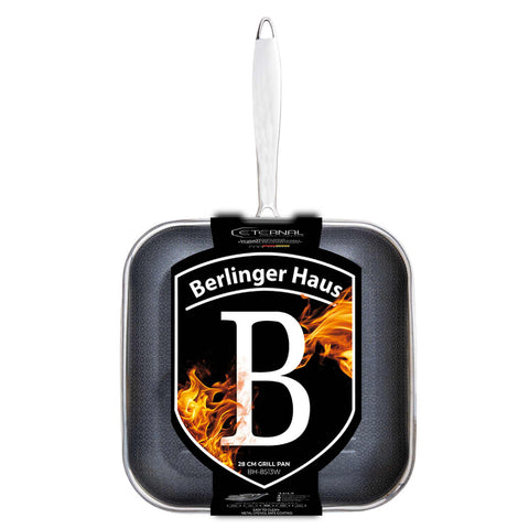 Product image of Grill pan 28cm. Part of the Eternal Collection . Features: • Material: stainless steel with laser-cut surface • Size: 28*4 cm REGISTERED DESIGN BY BERLINGER HAUS!. (Studio view). Official Berlinger Haus product, boosted by Promintra sl.