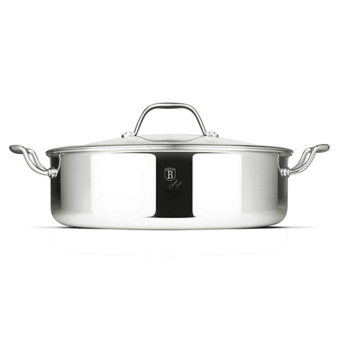 Product image of Shallow pot with lid 28cm. Part of the Eternal Collection . Features: • Material: stainless steel with laser-cut surface • Size: 28*7,5 cm 3,8L REGISTERED DESIGN BY BERLINGER HAUS!. (Studio view). Official Berlinger Haus product, boosted by Promintra sl.