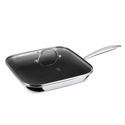 Product image of Grill pan with lid 28cm. Part of the Eternal Collection . Features: • Material: stainless steel with laser-cut surface • Size: 28*4,5 cm REGISTERED DESIGN BY BERLINGER HAUS!. (Studio view). Official Berlinger Haus product, boosted by Promintra sl.
