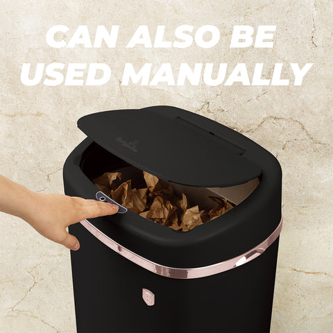 BH/8542, Cubo de basura con sensor de 58 l, negro, oro rosa, cubo de basura con sensor, eléctrico/batería, cubo de basura, contenedor de polvo, utensilios de cocina
