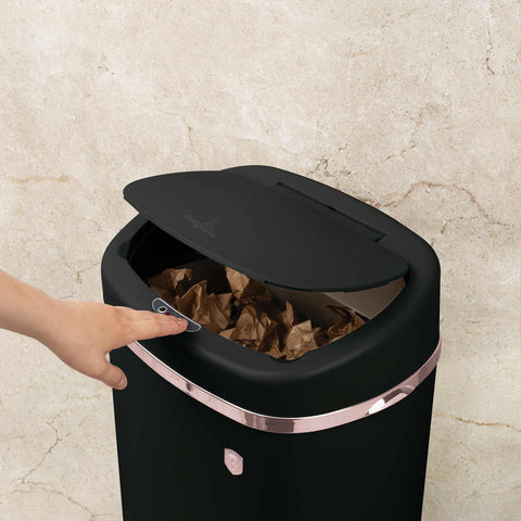 BH/8542, Cubo de basura con sensor de 58 l, negro, oro rosa, cubo de basura con sensor, eléctrico/batería, cubo de basura, contenedor de polvo, utensilios de cocina