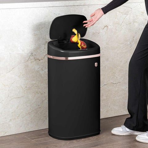 BH/8542, Cubo de basura con sensor de 58 l, negro, oro rosa, cubo de basura con sensor, eléctrico/batería, cubo de basura, contenedor de polvo, utensilios de cocina