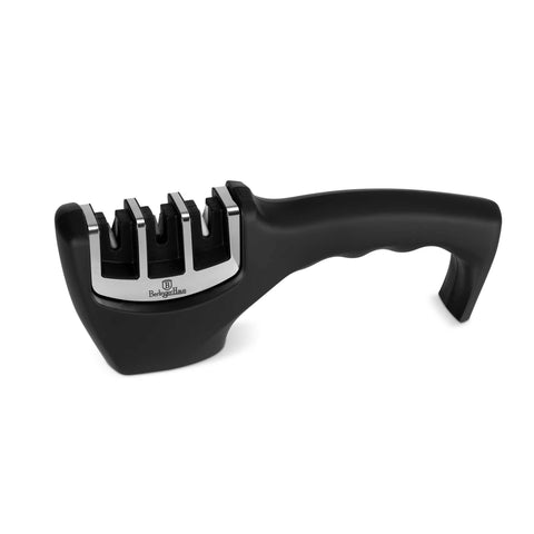 Product image of Knife sharpener 3in1. Part of the Black Vantage Collection/Matte Black Collection/Black Silver Collection . Features: • Material: tungsten steel, ceramic, diamond, plastic • Size: 20*7,5*5,5 cm • Color: black- silver. (Studio view). Official Berlinger Haus product, boosted by Promintra sl.