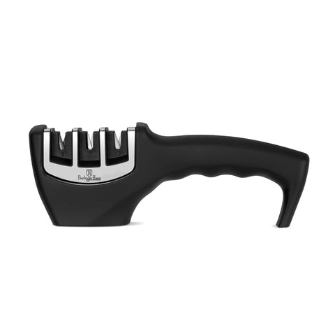 Product image of Knife sharpener 3in1. Part of the Black Vantage Collection/Matte Black Collection/Black Silver Collection . Features: • Material: tungsten steel, ceramic, diamond, plastic • Size: 20*7,5*5,5 cm • Color: black- silver. (Studio view). Official Berlinger Haus product, boosted by Promintra sl.