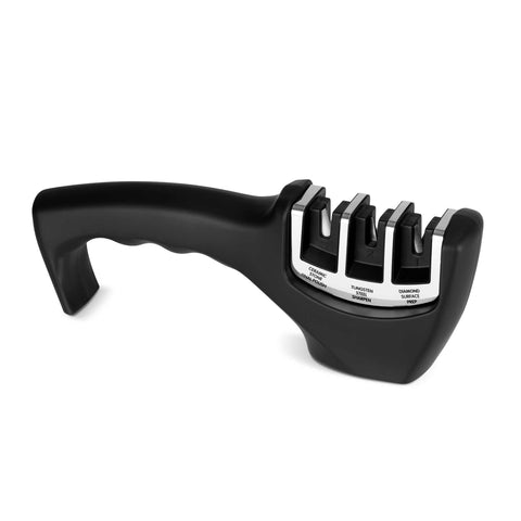 Product image of Knife sharpener 3in1. Part of the Black Vantage Collection/Matte Black Collection/Black Silver Collection . Features: • Material: tungsten steel, ceramic, diamond, plastic • Size: 20*7,5*5,5 cm • Color: black- silver. (Studio view). Official Berlinger Haus product, boosted by Promintra sl.