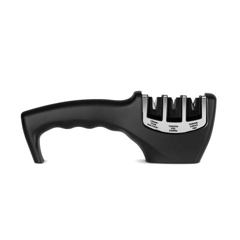 Product image of Knife sharpener 3in1. Part of the Black Vantage Collection/Matte Black Collection/Black Silver Collection . Features: • Material: tungsten steel, ceramic, diamond, plastic • Size: 20*7,5*5,5 cm • Color: black- silver. (Studio view). Official Berlinger Haus product, boosted by Promintra sl.