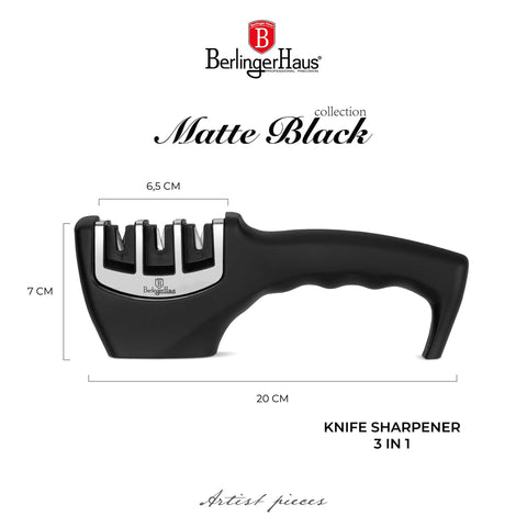 Product image of Knife sharpener 3in1. Part of the Black Vantage Collection/Matte Black Collection/Black Silver Collection . Features: • Material: tungsten steel, ceramic, diamond, plastic • Size: 20*7,5*5,5 cm • Color: black- silver. (Studio view). Official Berlinger Haus product, boosted by Promintra sl.