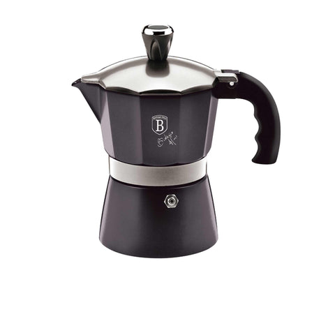 Product image of Coffee maker 3cups. Part of the Metallic Line Carbon Pro Edition . Features: • Material: aluminum • Capacity: 3 cups, 150 ml • Color: dark grey. (Studio view). Official Berlinger Haus product, boosted by Promintra sl.