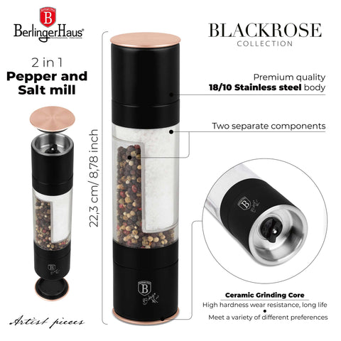 Product image of 2in1 pepper and salt mill. Part of the Black Rose Collection . Features: • Material: stainless steel with CERAMIC grinder • Color: black- rose gold. (Conceptual view). Official Berlinger Haus product, boosted by Promintra sl.