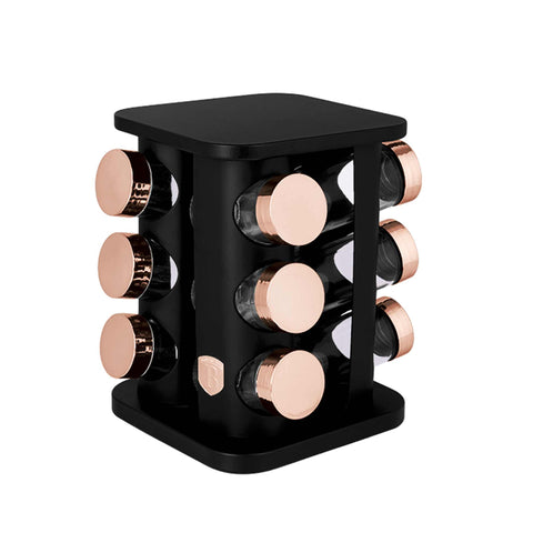 Product image of 13pcs square spice rack black- rose gold. Part of the Black Rose Collection . Features: • Size: 18,5*18,5*21,5 cm • Include: • 12 pcs glass spice jar • Capacity: 90 ml • 360° rotatable stand • Color: black- rose gold. (Studio view). Official Berlinger Haus product, boosted by Promintra sl.
