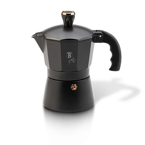 Product image of Coffee maker 3cups. Part of the Black Rose Collection . Features: • Material: aluminum • Capacity: 3 cups, 150 ml • Color: black- rose gold. (Studio view). Official Berlinger Haus product, boosted by Promintra sl.