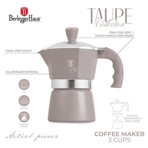 BH/8568, BH/8568N, Cafetera de 3 tazas, color topo mate, cafetera, cafetera moka, moka express, electrodomésticos de cocina