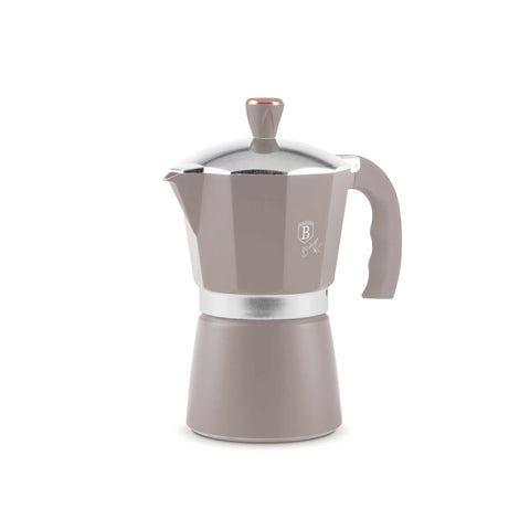 Product image of Coffee maker 3cups. Part of the Taupe Collection . Features: • Material: aluminum • Capacity: 3 cups, 150 ml • Color: matt taupe. (Studio view). Official Berlinger Haus product, boosted by Promintra sl.