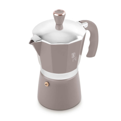 Product image of Coffee maker 3cups. Part of the Taupe Collection . Features: • Material: aluminum • Capacity: 3 cups, 150 ml • Color: matt taupe. (Studio view). Official Berlinger Haus product, boosted by Promintra sl.