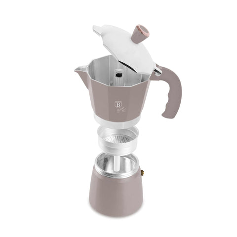 Product image of Coffee maker 6cups. Part of the Taupe Collection . Features: • Material: aluminum • Capacity: 6 cups, 300 ml • Color: matt taupe. (Studio view). Official Berlinger Haus product, boosted by Promintra sl.