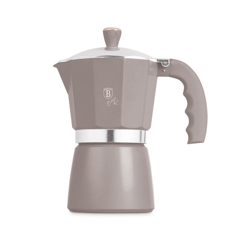 Product image of Coffee maker 9cups. Part of the Taupe Collection . Features: • Material: aluminum • Capacity: 9 cups, 450 ml • Color: matt taupe. (Studio view). Official Berlinger Haus product, boosted by Promintra sl.