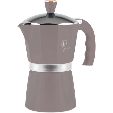 Product image of Coffee maker 9cups. Part of the Taupe Collection . Features: • Material: aluminum • Capacity: 9 cups, 450 ml • Color: matt taupe. (Studio view). Official Berlinger Haus product, boosted by Promintra sl.