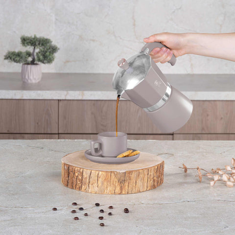 Product image of Coffee maker 9cups. Part of the Taupe Collection . Features: • Material: aluminum • Capacity: 9 cups, 450 ml • Color: matt taupe. (Studio view). Official Berlinger Haus product, boosted by Promintra sl.