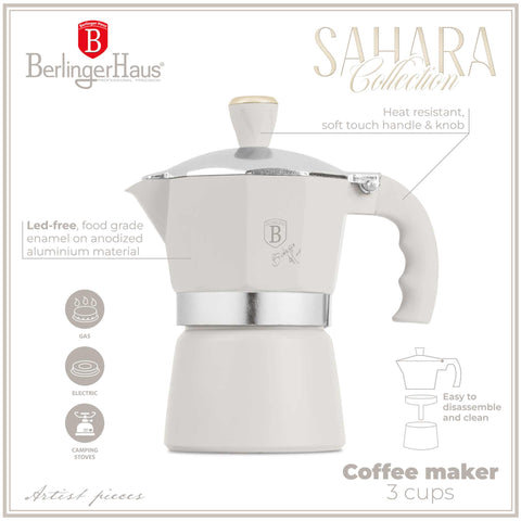Imagem do produto: Cafeteira de 3 xícaras. Parte da Coleção Sahara. Características: • Material: alumínio • Capacidade: 3 xícaras, 150 ml • Cor: creme fosco. (Vista de estúdio). Produto oficial Berlinger Haus, com o apoio da Promintra sl.