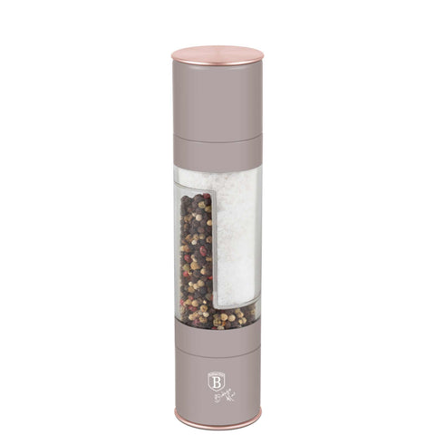 Product image of 2in1 pepper and salt mill. Part of the Taupe Collection . Features: • Material: stainless steel with CERAMIC grinder • Color: matt taupe. (Studio view). Official Berlinger Haus product, boosted by Promintra sl.