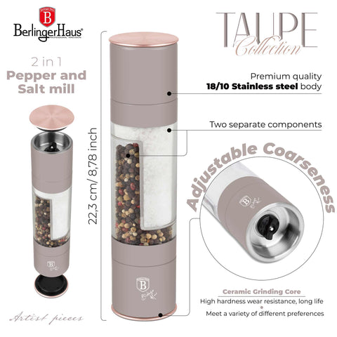 Product image of 2in1 pepper and salt mill. Part of the Taupe Collection . Features: • Material: stainless steel with CERAMIC grinder • Color: matt taupe. (Studio view). Official Berlinger Haus product, boosted by Promintra sl.