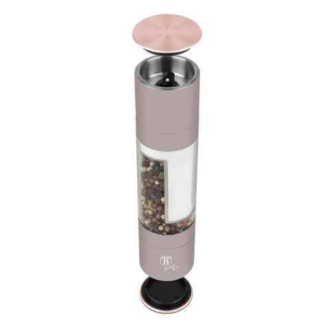 Product image of 2in1 pepper and salt mill. Part of the Taupe Collection . Features: • Material: stainless steel with CERAMIC grinder • Color: matt taupe. (Studio view). Official Berlinger Haus product, boosted by Promintra sl.