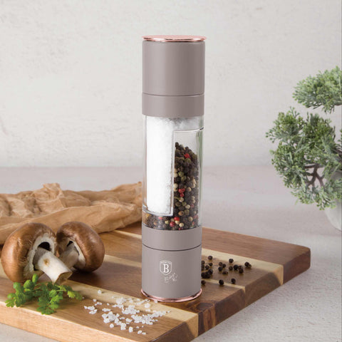 Product image of 2in1 pepper and salt mill. Part of the Taupe Collection . Features: • Material: stainless steel with CERAMIC grinder • Color: matt taupe. (Studio view). Official Berlinger Haus product, boosted by Promintra sl.