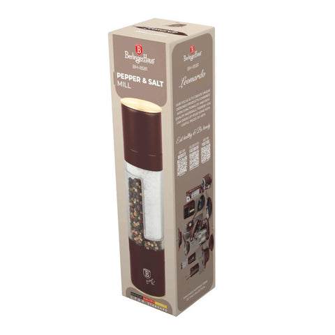 Product image of 2in1 pepper and salt mill. Part of the Leonardo Collection . Features: • Material: stainless steel with CERAMIC grinder • Color: matt bordeaux. (Giftbox view). Official Berlinger Haus product, boosted by Promintra sl.