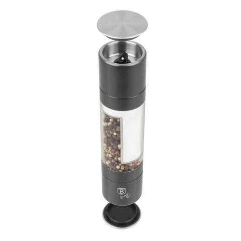 Product image of 2in1 pepper and salt mill. Part of the Anthracite Collection . Features: • Material: stainless steel with CERAMIC grinder • Color: matt anthracite. (Conceptual view). Official Berlinger Haus product, boosted by Promintra sl.