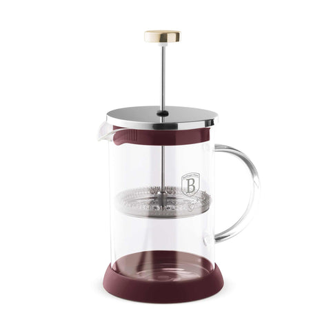 Product image of Coffee & tea plunger 600ml. Part of the Leonardo Collection . Features: • Material: 18/10 stainless steel, borosilicate glass (1,8 mm) • Capacity: 600 ml • Color: matt bordeaux. (Studio view). Official Berlinger Haus product, boosted by Promintra sl.