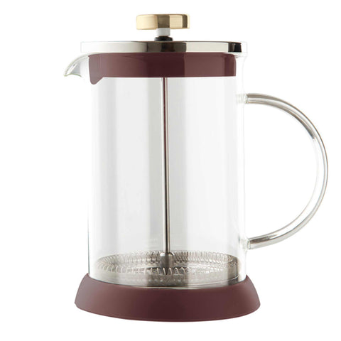 Product image of Coffee & tea plunger 800ml. Part of the Leonardo Collection . Features: • Material: 18/10 stainless steel, borosilicate glass (1,8 mm) • Capacity: 800 ml • Color: matt bordeaux. (Studio view). Official Berlinger Haus product, boosted by Promintra sl.