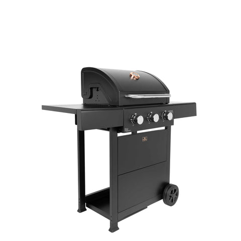 Product image of Outdoor gas barbecue grill 3burners. Part of the outdoor . Features: • XL SIZE: Cooking area: 50*41,5 cm • Main burners: 2,2 KW*3 • Thermometer in the top (lid) • Cold roll steel lid, side and front panels, control p.... (Studio view). Official Berlinger Haus product, boosted by Promintra sl.