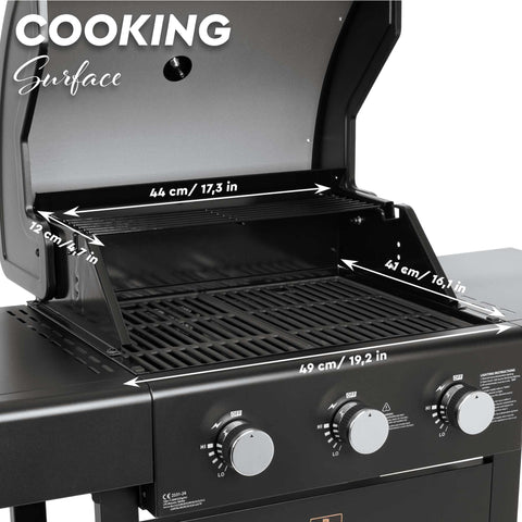 Product image of Outdoor gas barbecue grill 3burners. Part of the outdoor . Features: • XL SIZE: Cooking area: 50*41,5 cm • Main burners: 2,2 KW*3 • Thermometer in the top (lid) • Cold roll steel lid, side and front panels, control p.... (Studio view). Official Berlinger Haus product, boosted by Promintra sl.
