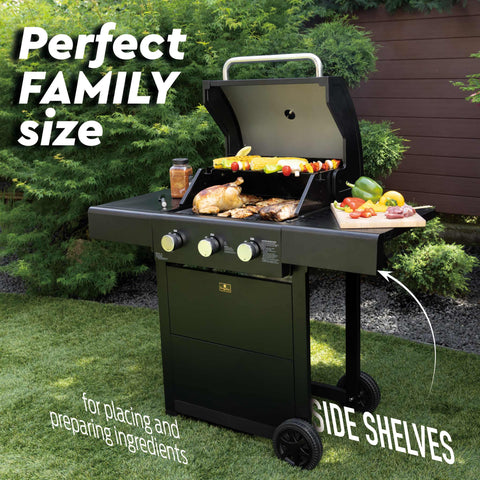Product image of Outdoor gas barbecue grill 3burners. Part of the outdoor . Features: • XL SIZE: Cooking area: 50*41,5 cm • Main burners: 2,2 KW*3 • Thermometer in the top (lid) • Cold roll steel lid, side and front panels, control p.... (Studio view). Official Berlinger Haus product, boosted by Promintra sl.